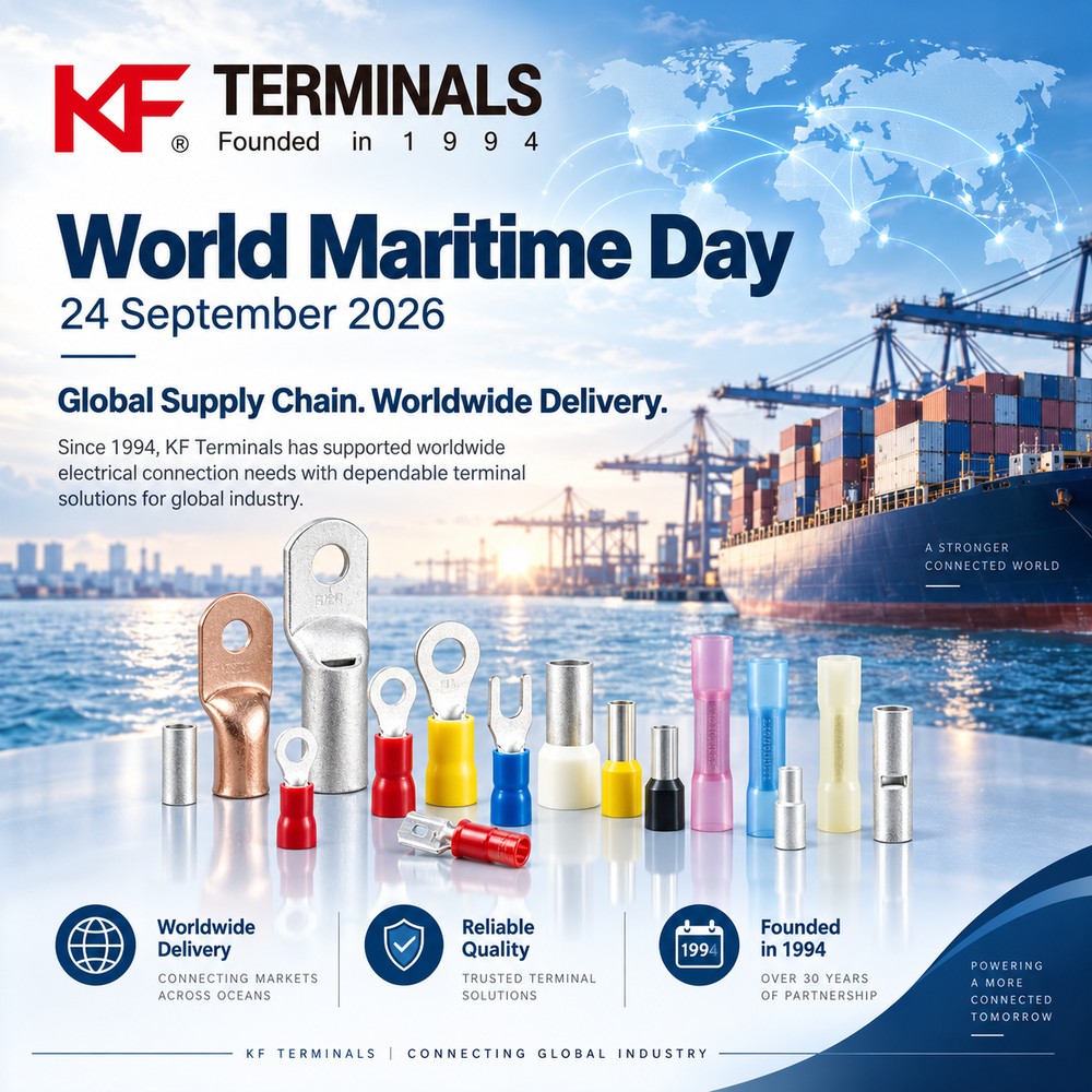 KF Terminals World Maritime Day 2026 poster showing global maritime supply chain and electrical terminal products