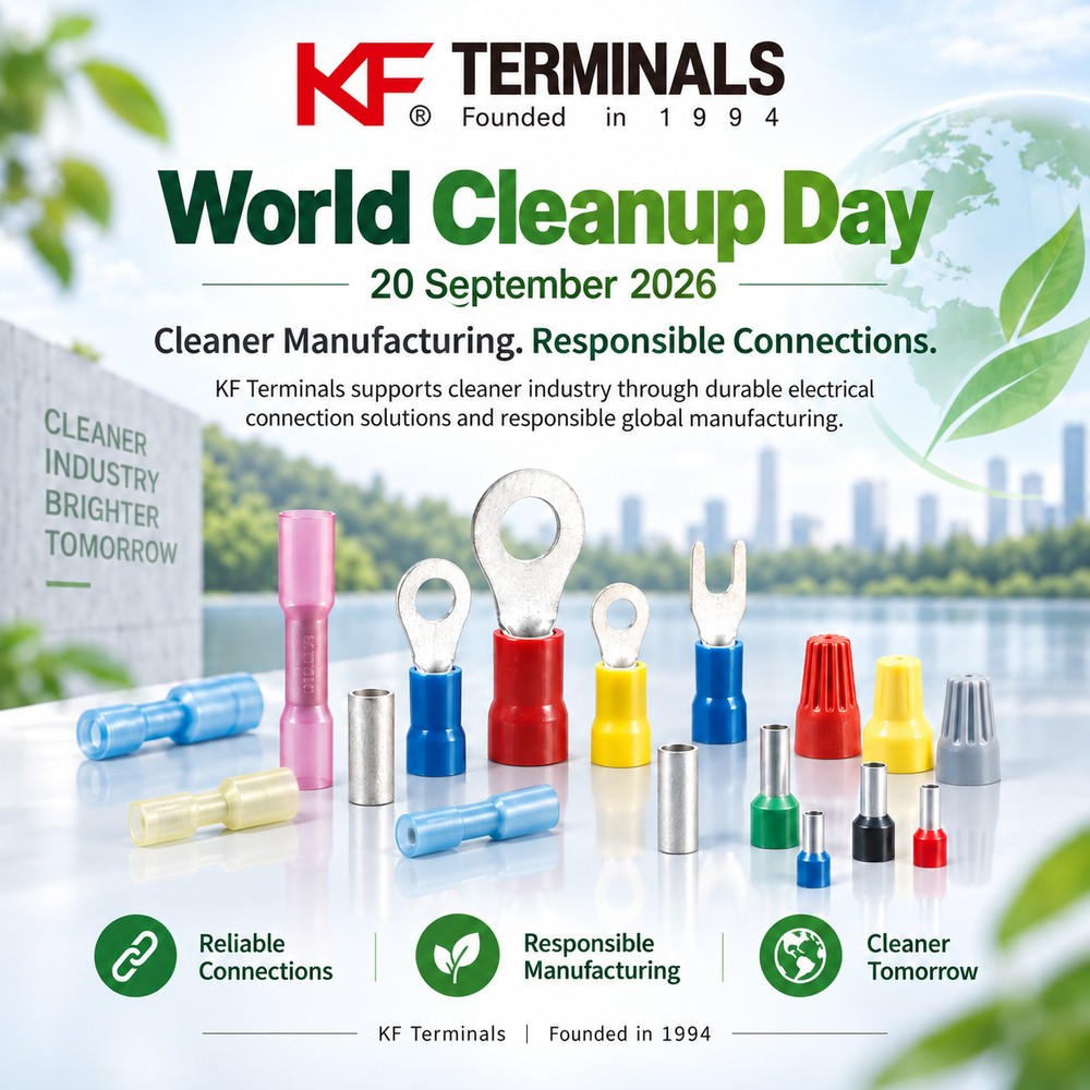 KF Terminals World Cleanup Day 2026 poster featuring electrical terminals and responsible manufacturing