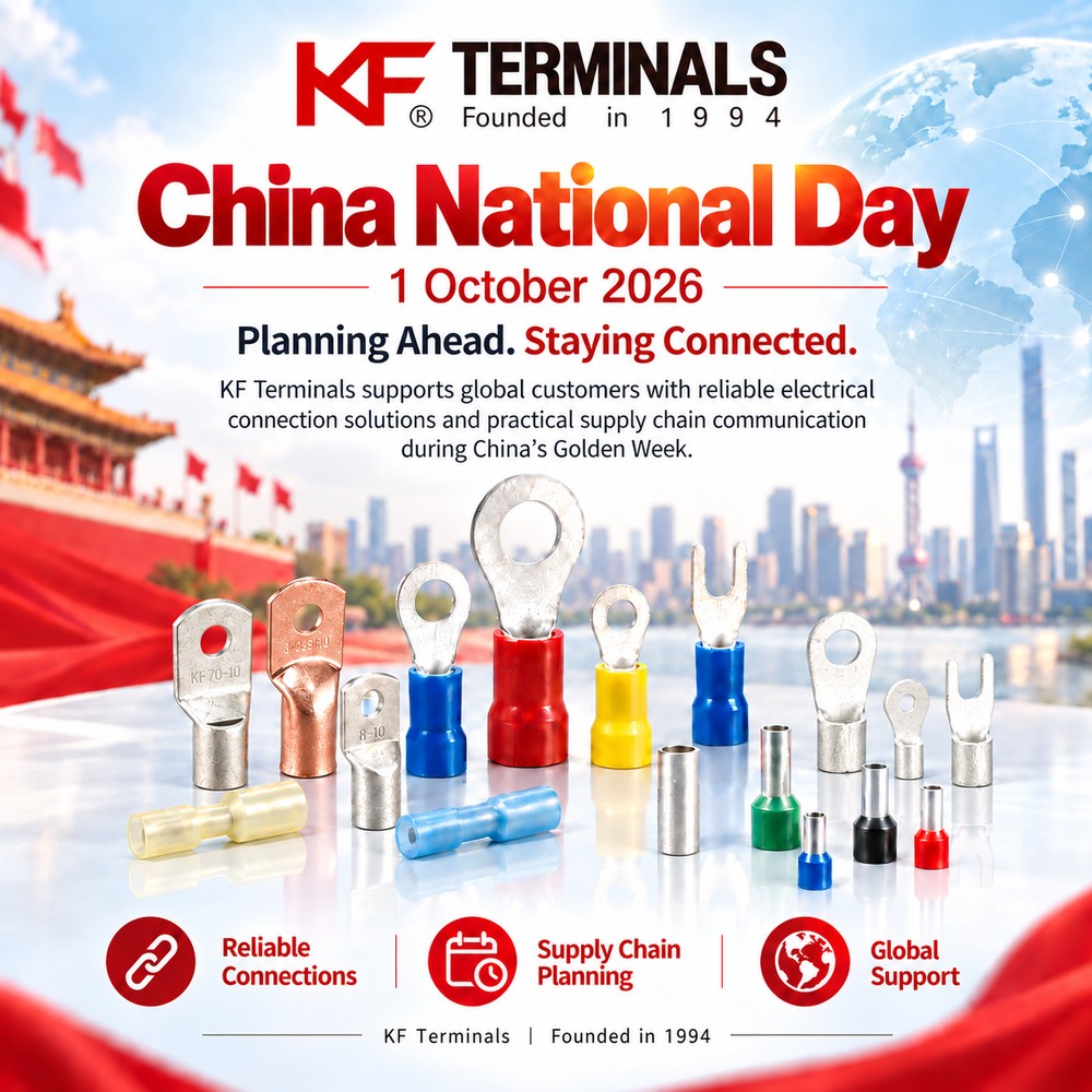 KF Terminals China National Day 2026 poster featuring copper tubular lugs, non-insulated terminals and insulated electrical terminals